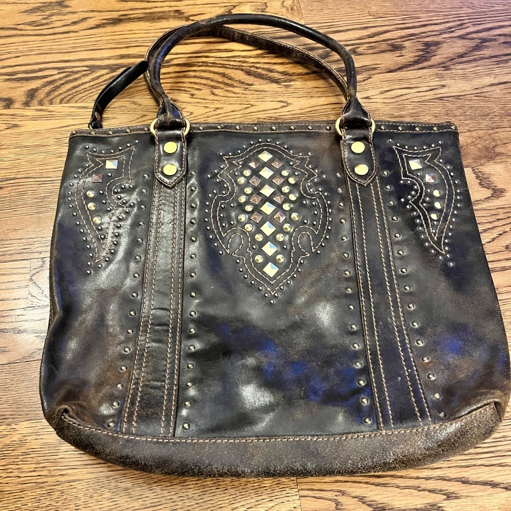 EUC FRYE Phoenix Deco Studded Tote Double Handle Brown with gold tone hardware